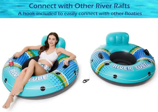Alt view image 5 of 7 - Inflatable River Tube Float - Heavy Duty River Float Pool Floats Lake Premium Water Tubes for Floating Recreational River Raft Lounge Floaties with 2 Cup Holders for Adult