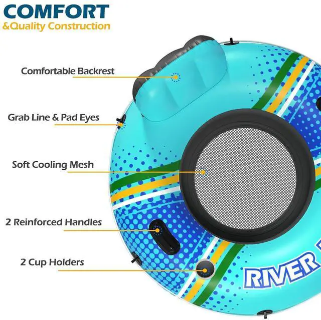 Alt view image 6 of 7 - Inflatable River Tube Float - Heavy Duty River Float Pool Floats Lake Premium Water Tubes for Floating Recreational River Raft Lounge Floaties with 2 Cup Holders for Adult