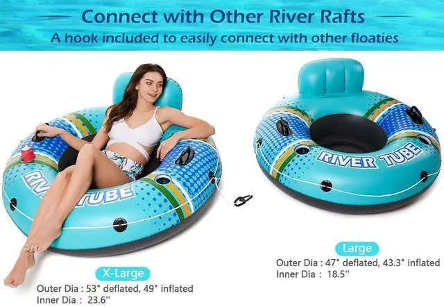 Alt view image 5 of 7 - Inflatable River Tube Float - Heavy Duty River Float Pool Floats Lake Premium Water Tubes for Floating Recreational River Raft Lounge Floaties with 2 Cup Holders for Adult