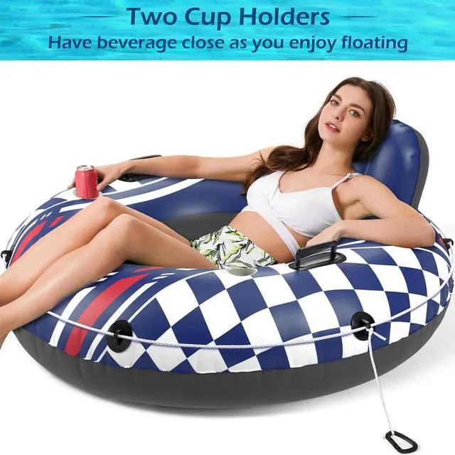 Alt view image 2 of 7 - Inflatable River Tube Float - Heavy Duty River Float Pool Floats Lake Premium Water Tubes for Floating Recreational River Raft Lounge Floaties with 2 Cup Holders for Adult