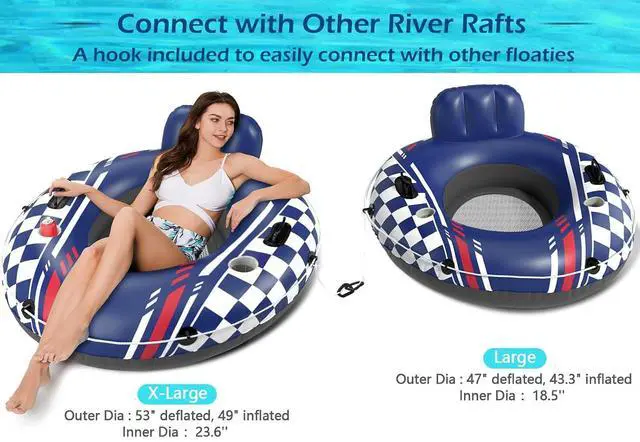 Alt view image 5 of 7 - Inflatable River Tube Float - Heavy Duty River Float Pool Floats Lake Premium Water Tubes for Floating Recreational River Raft Lounge Floaties with 2 Cup Holders for Adult