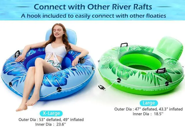 Alt view image 5 of 7 - Inflatable River Tube Float - Heavy Duty River Float Pool Floats Lake Premium Water Tubes for Floating Recreational River Raft Lounge Floaties with 2 Cup Holders for Adult