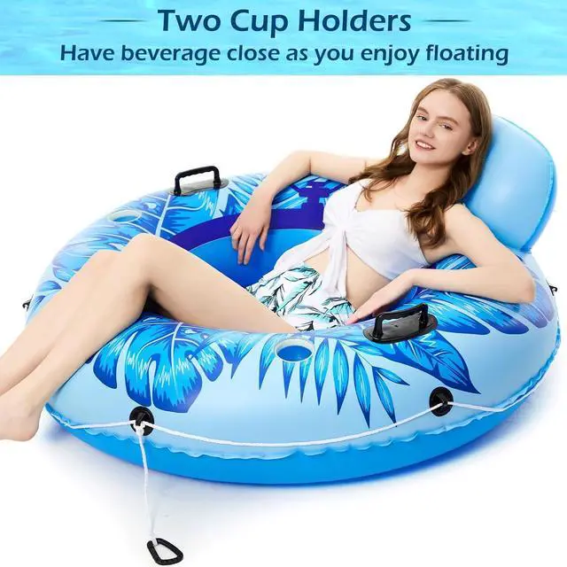 Alt view image 3 of 7 - Inflatable River Tube Float - Heavy Duty River Float Pool Floats Lake Premium Water Tubes for Floating Recreational River Raft Lounge Floaties with 2 Cup Holders for Adult
