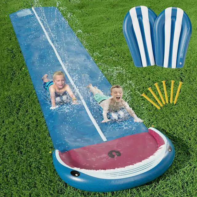 Main image of Slip and Water Slide - 20Ft Heavy Duty Lawn Slip Waterslide for Kids Adults with Splash Sprinkler N 2 Bodyboards Backyard Summer Outside Outdoor Water Play Toys (Shark-2Lanes)