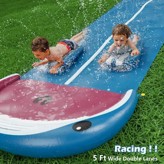 Alt view image 5 of 7 - Slip and Water Slide - 20Ft Heavy Duty Lawn Slip Waterslide for Kids Adults with Splash Sprinkler N 2 Bodyboards Backyard Summer Outside Outdoor Water Play Toys (Shark-2Lanes)