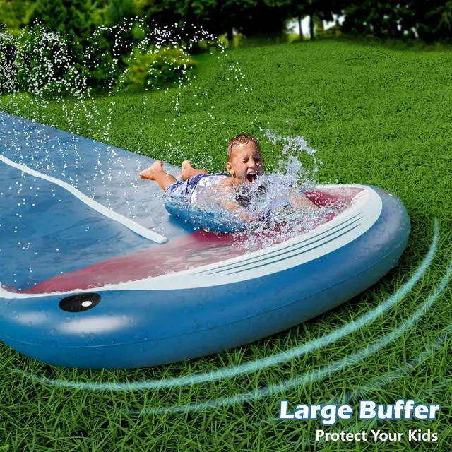 Alt view image 4 of 7 - Slip and Water Slide - 20Ft Heavy Duty Lawn Slip Waterslide for Kids Adults with Splash Sprinkler N 2 Bodyboards Backyard Summer Outside Outdoor Water Play Toys (Shark-2Lanes)