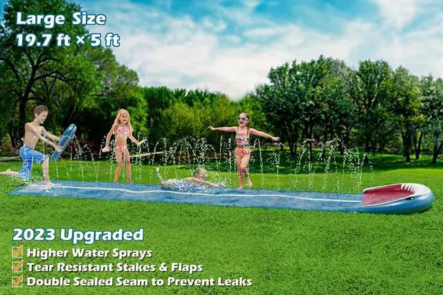 Alt view image 3 of 7 - Slip and Water Slide - 20Ft Heavy Duty Lawn Slip Waterslide for Kids Adults with Splash Sprinkler N 2 Bodyboards Backyard Summer Outside Outdoor Water Play Toys (Shark-2Lanes)