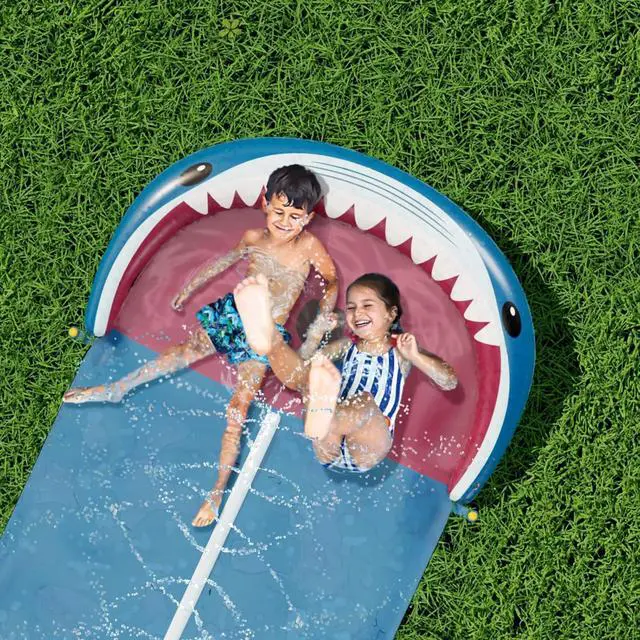 Alt view image 7 of 7 - Slip and Water Slide - 20Ft Heavy Duty Lawn Slip Waterslide for Kids Adults with Splash Sprinkler N 2 Bodyboards Backyard Summer Outside Outdoor Water Play Toys (Shark-2Lanes)