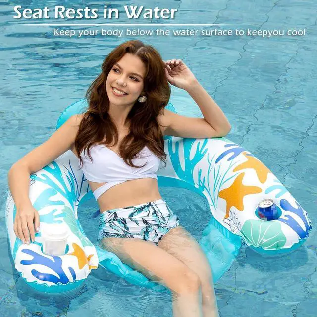 Alt view image 3 of 6 - Inflatable Pool Float Chair - Pool Floaties Floating Pool Chair Lounge Floats for Swimming Pool Water Chair Pool Lounger with Cup Holder Pool Toy Party Floaty Adults