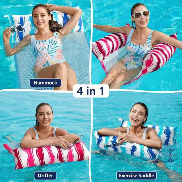 Alt view image 3 of 7 - Inflatable Pool Hammock Float - 2 Pack Water Hammock Pool Floaties Multi-Purpose (Saddle Lounge Chair Drifter) 4 in 1 Lake Beach Floating Loungers Swimming Pool Floats Toys for Adults