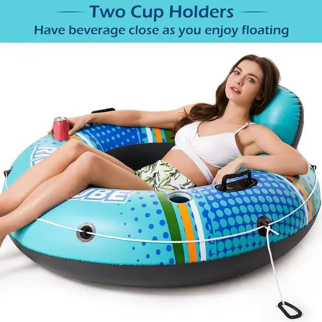 Alt view image 2 of 7 - Inflatable River Tube Float - Heavy Duty River Float Pool Floats Lake Premium Water Tubes for Floating Recreational River Raft Lounge Floaties with 2 Cup Holders for Adult