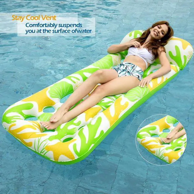 Alt view image 3 of 7 - Inflatable Pool Float Lounge - 2 Pack Floaties Rafts for Adults Floating Lounger Sun Tanning Floats Cool Water Floaty Swimming Lake Beach Party Toys (BlueBeige)
