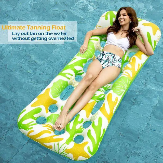 Alt view image 4 of 7 - Inflatable Pool Float Lounge - 2 Pack Floaties Rafts for Adults Floating Lounger Sun Tanning Floats Cool Water Floaty Swimming Lake Beach Party Toys (BlueBeige)