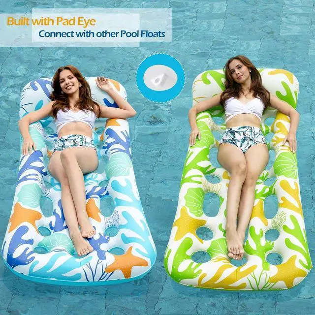 Alt view image 5 of 7 - Inflatable Pool Float Lounge - 2 Pack Floaties Rafts for Adults Floating Lounger Sun Tanning Floats Cool Water Floaty Swimming Lake Beach Party Toys (BlueBeige)