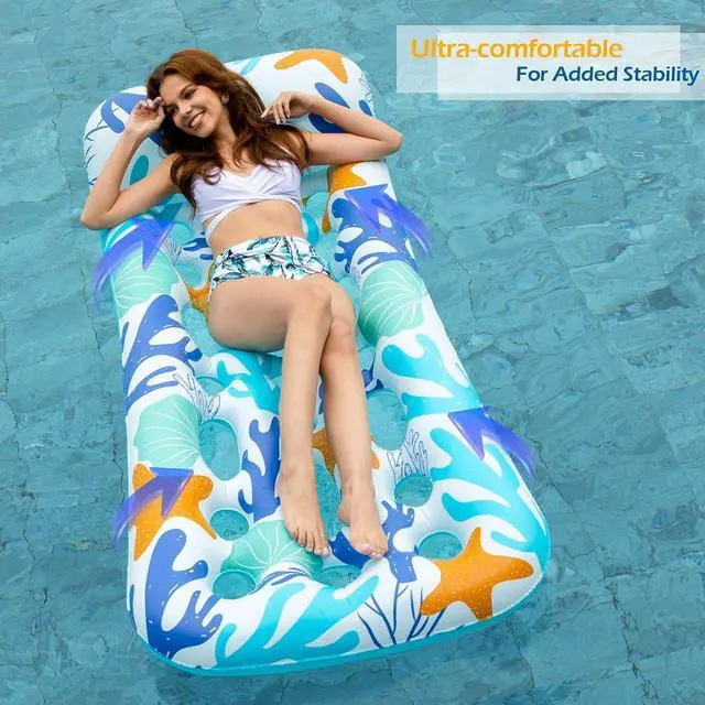Alt view image 6 of 7 - Inflatable Pool Float Lounge - 2 Pack Floaties Rafts for Adults Floating Lounger Sun Tanning Floats Cool Water Floaty Swimming Lake Beach Party Toys (BlueBeige)