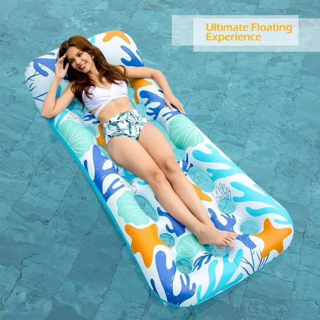 Alt view image 7 of 7 - Inflatable Pool Float Lounge - 2 Pack Floaties Rafts for Adults Floating Lounger Sun Tanning Floats Cool Water Floaty Swimming Lake Beach Party Toys (BlueBeige)