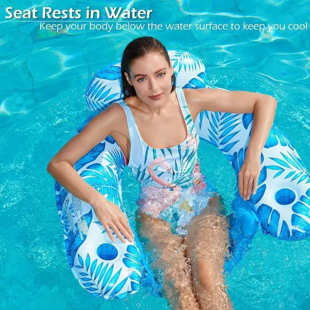 Alt view image 3 of 7 - Inflatable Pool Float Chair - 2 Pack Floating Pool Chair Lounge Floats for Swimming Pool Water Chair Pool Lounger with Cup Holder Toy Party Floaties for Adults XL