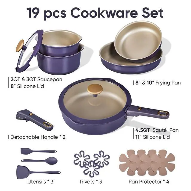 Alt view image 2 of 7 - CAROTE 19 Pcs Pots and Pans Set, Nonstick Cookware Sets with Detachable Handle, Purple Dishwasher Safe, Oven Safe, Cookware Non Stick Cooking Set w/Frying Pans & Saucepans(PFOS, PFOA Free)