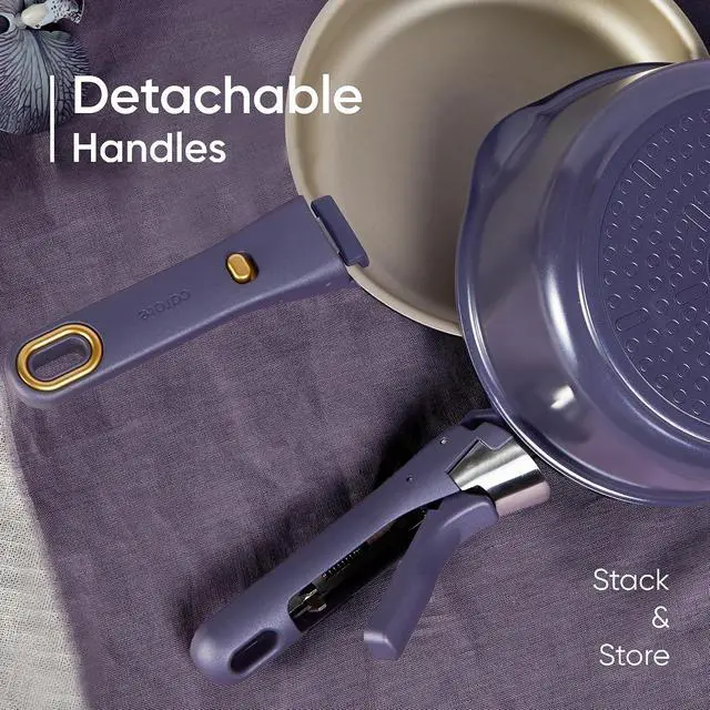 Alt view image 4 of 7 - CAROTE 19 Pcs Pots and Pans Set, Nonstick Cookware Sets with Detachable Handle, Purple Dishwasher Safe, Oven Safe, Cookware Non Stick Cooking Set w/Frying Pans & Saucepans(PFOS, PFOA Free)