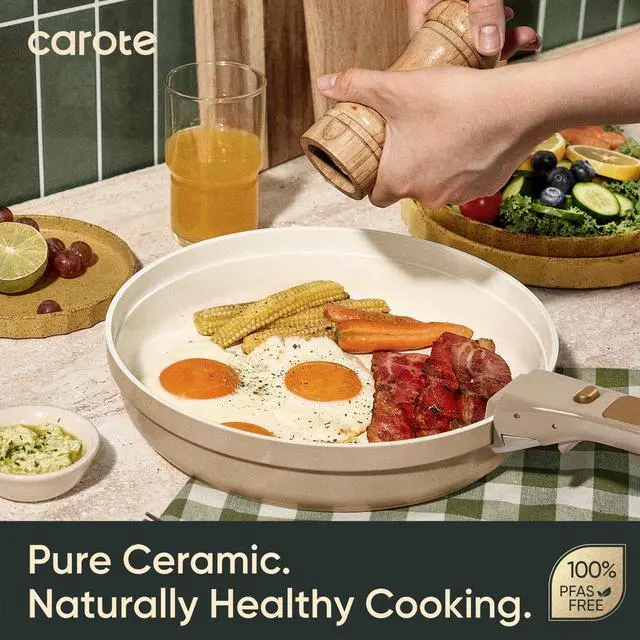 Alt view image 4 of 7 - CAROTE 18 Pcs Ceramic Cookware Set Titanium Nonstick with Detachable Handles, Non Toxic Cookware, Pots and Pans Set Non Stick Removable Handles, Induction Available, Kitchen Cooking, Dishwasher Safe