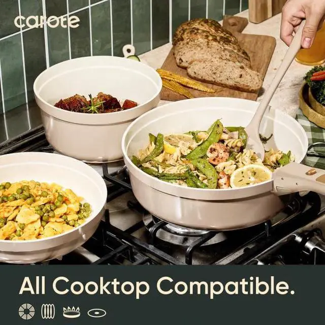 Alt view image 6 of 7 - CAROTE 18 Pcs Ceramic Cookware Set Titanium Nonstick with Detachable Handles, Non Toxic Cookware, Pots and Pans Set Non Stick Removable Handles, Induction Available, Kitchen Cooking, Dishwasher Safe