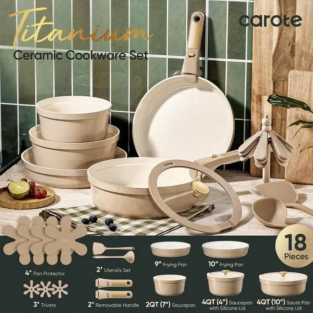 Alt view image 2 of 7 - CAROTE 18 Pcs Ceramic Cookware Set Titanium Nonstick with Detachable Handles, Non Toxic Cookware, Pots and Pans Set Non Stick Removable Handles, Induction Available, Kitchen Cooking, Dishwasher Safe