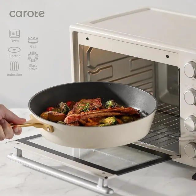 Alt view image 3 of 7 - CAROTE 12PCS Saudi Collection Nonstick Cookware Set, Pots and Pans Set Non Stick, Dishwasher Safe, Oven Safe Up to 500°F, Cream and Gold