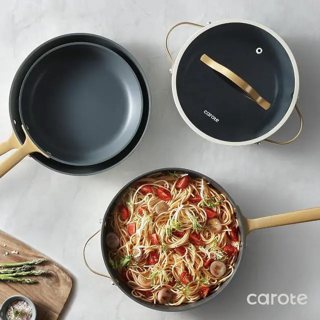 Alt view image 4 of 7 - CAROTE 12PCS Saudi Collection Nonstick Cookware Set, Pots and Pans Set Non Stick, Dishwasher Safe, Oven Safe Up to 500°F, Cream and Gold