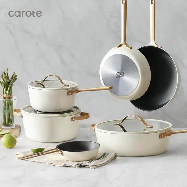 Alt view image 6 of 7 - CAROTE 12PCS Saudi Collection Nonstick Cookware Set, Pots and Pans Set Non Stick, Dishwasher Safe, Oven Safe Up to 500°F, Cream and Gold