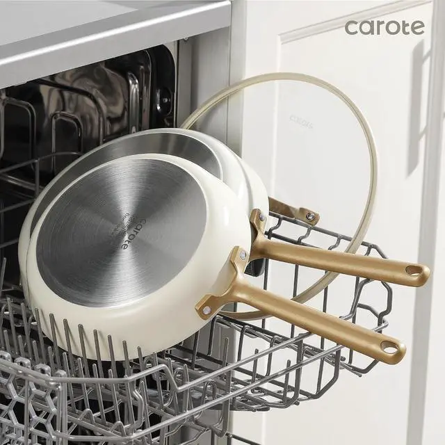 Alt view image 5 of 7 - CAROTE 12PCS Saudi Collection Nonstick Cookware Set, Pots and Pans Set Non Stick, Dishwasher Safe, Oven Safe Up to 500°F, Cream and Gold