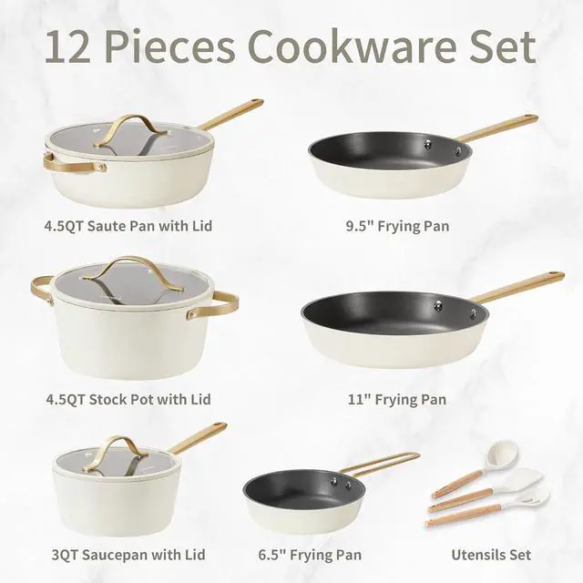 Alt view image 7 of 7 - CAROTE 12PCS Saudi Collection Nonstick Cookware Set, Pots and Pans Set Non Stick, Dishwasher Safe, Oven Safe Up to 500°F, Cream and Gold