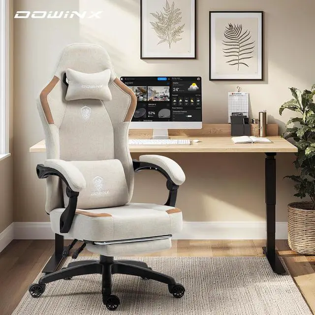 Alt view image 2 of 7 - Fabric Gaming Chair with Pocket Spring Cushion,Breathable Computer Chairs with Massage Lumbar Support and Footrest,High Back Game Office Chair for Adult,Beige