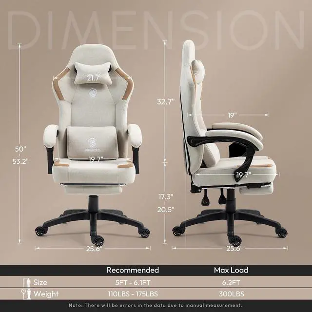 Alt view image 3 of 7 - Fabric Gaming Chair with Pocket Spring Cushion,Breathable Computer Chairs with Massage Lumbar Support and Footrest,High Back Game Office Chair for Adult,Beige