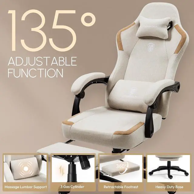 Alt view image 6 of 7 - Fabric Gaming Chair with Pocket Spring Cushion,Breathable Computer Chairs with Massage Lumbar Support and Footrest,High Back Game Office Chair for Adult,Beige
