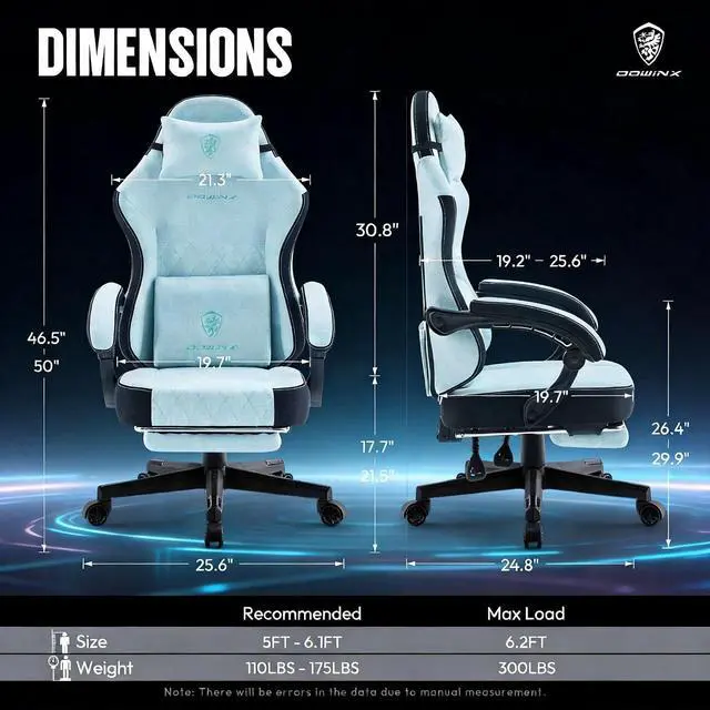 Alt view image 2 of 7 - Gaming Chair, Breathable Fabric Computer Chair with Pocket Spring Cushion, Ergonomic Massage Gamer Chair with Lumbar Support and Footrest, Height Adjustable Office Game Chairs for Adults, Aqua
