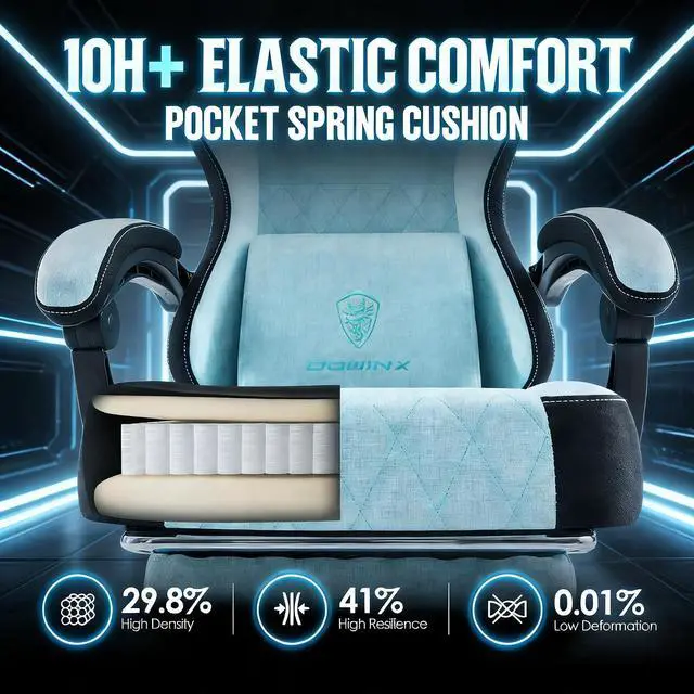 Alt view image 4 of 7 - Gaming Chair, Breathable Fabric Computer Chair with Pocket Spring Cushion, Ergonomic Massage Gamer Chair with Lumbar Support and Footrest, Height Adjustable Office Game Chairs for Adults, Aqua