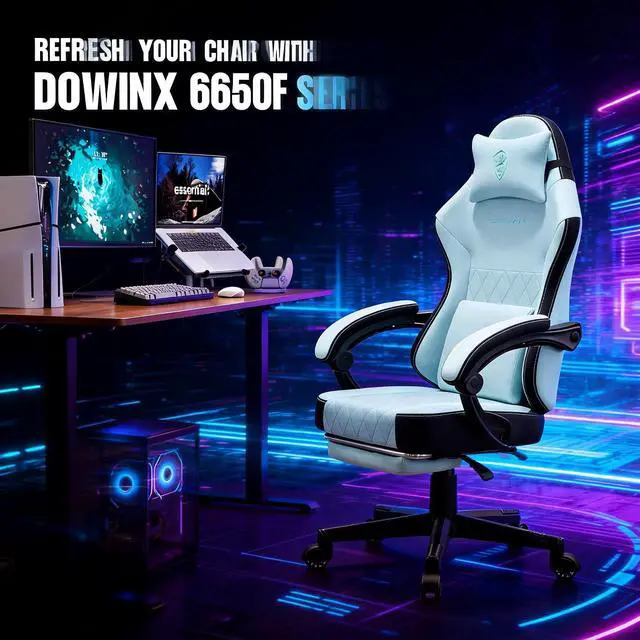 Alt view image 7 of 7 - Gaming Chair, Breathable Fabric Computer Chair with Pocket Spring Cushion, Ergonomic Massage Gamer Chair with Lumbar Support and Footrest, Height Adjustable Office Game Chairs for Adults, Aqua