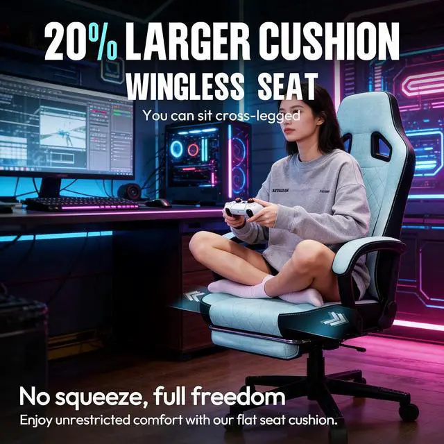 Alt view image 6 of 7 - Gaming Chair, Breathable Fabric Computer Chair with Pocket Spring Cushion, Ergonomic Massage Gamer Chair with Lumbar Support and Footrest, Height Adjustable Office Game Chairs for Adults, Aqua