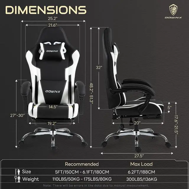 Alt view image 3 of 7 - Gaming Chair with Footrest & Massage Lumbar, Ergonomic Reclining Gaming Chair 330lbs with Headrest Pillow for Office, Home & Long Gaming Sessions, White