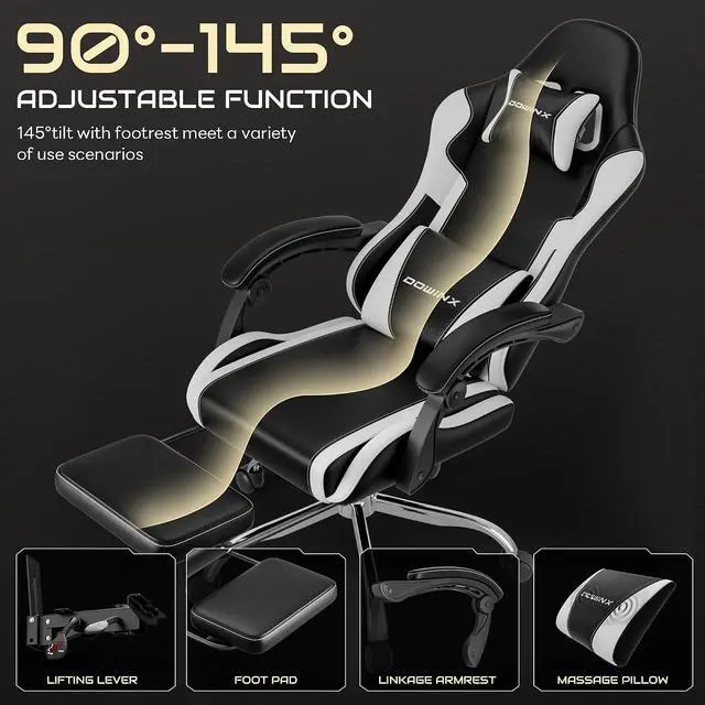 Alt view image 5 of 7 - Gaming Chair with Footrest & Massage Lumbar, Ergonomic Reclining Gaming Chair 330lbs with Headrest Pillow for Office, Home & Long Gaming Sessions, White