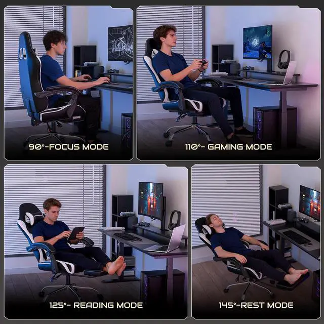 Alt view image 6 of 7 - Gaming Chair with Footrest & Massage Lumbar, Ergonomic Reclining Gaming Chair 330lbs with Headrest Pillow for Office, Home & Long Gaming Sessions, White