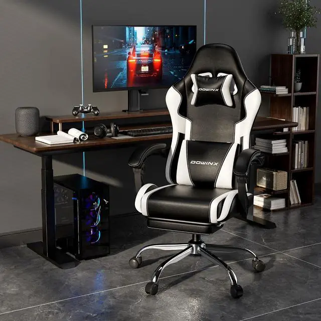 Alt view image 2 of 7 - Gaming Chair with Footrest & Massage Lumbar, Ergonomic Reclining Gaming Chair 330lbs with Headrest Pillow for Office, Home & Long Gaming Sessions, White