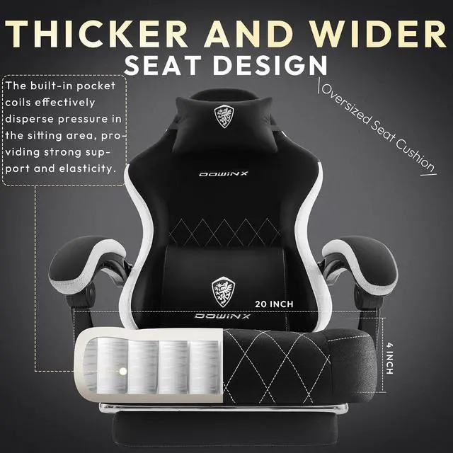 Alt view image 2 of 7 - Gaming Chair, Breathable Fabric Computer Chair with Pocket Spring Cushion, Ergonomic Massage Gamer chair with Lumbar Support and Footrest, Height Adjustable Office Game chairs for Adults, Black