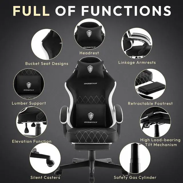 Alt view image 7 of 7 - Gaming Chair, Breathable Fabric Computer Chair with Pocket Spring Cushion, Ergonomic Massage Gamer chair with Lumbar Support and Footrest, Height Adjustable Office Game chairs for Adults, Black