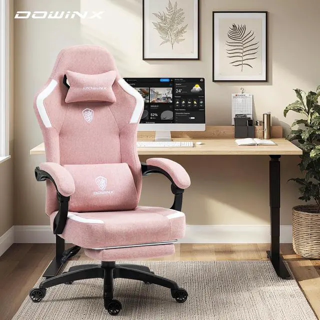 Alt view image 2 of 7 - Fabric Gaming Chair with Pocket Spring Cushion,Breathable Computer Chair with Massage Lumbar Support and Footrest,High Back Game Office Chair for Adult,Pink