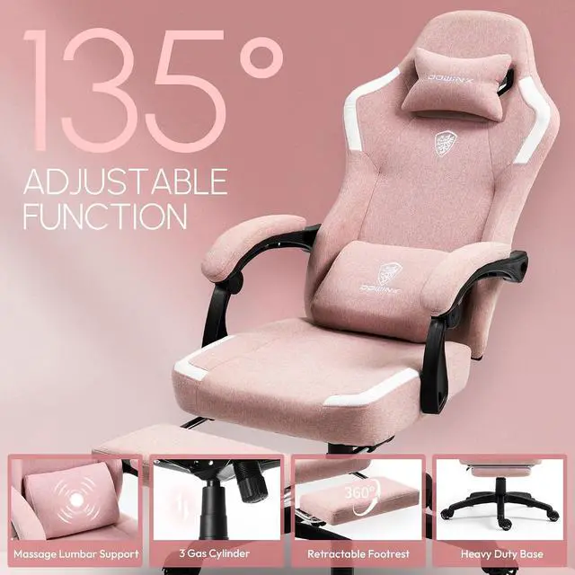Alt view image 6 of 7 - Fabric Gaming Chair with Pocket Spring Cushion,Breathable Computer Chair with Massage Lumbar Support and Footrest,High Back Game Office Chair for Adult,Pink