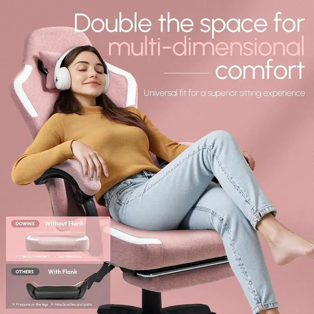 Alt view image 4 of 7 - Fabric Gaming Chair with Pocket Spring Cushion,Breathable Computer Chair with Massage Lumbar Support and Footrest,High Back Game Office Chair for Adult,Pink