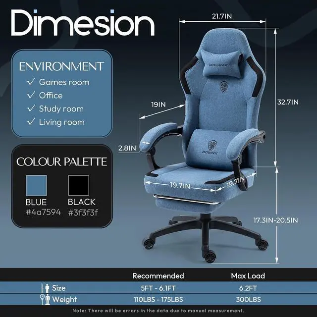 Alt view image 2 of 7 - Fabric Gaming Chair with Pocket Spring Cushion,Breathable Computer Chair with Massage Lumbar Support and Footrest,High Back Game Office Chair for Adult,Blue