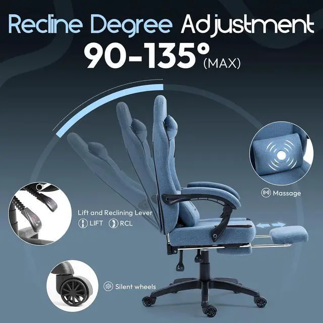 Alt view image 6 of 7 - Fabric Gaming Chair with Pocket Spring Cushion,Breathable Computer Chair with Massage Lumbar Support and Footrest,High Back Game Office Chair for Adult,Blue
