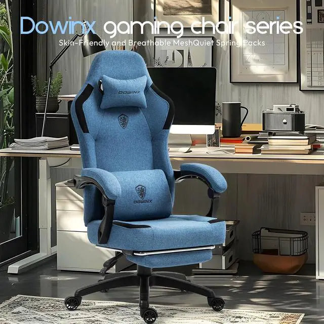 Alt view image 7 of 7 - Fabric Gaming Chair with Pocket Spring Cushion,Breathable Computer Chair with Massage Lumbar Support and Footrest,High Back Game Office Chair for Adult,Blue